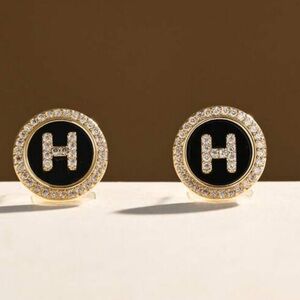 Fashion Jewelry Gold-Tone Round Stud Earrings with Black Center and Crystal 'H'